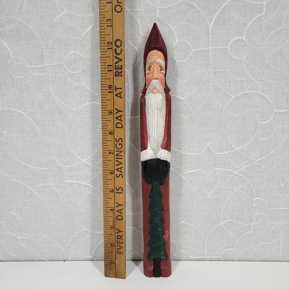 Vintage Folk Art Pencil Santa 13" Red Green Christmas Tree Carved Wood 1975 - Picture 16 of 16